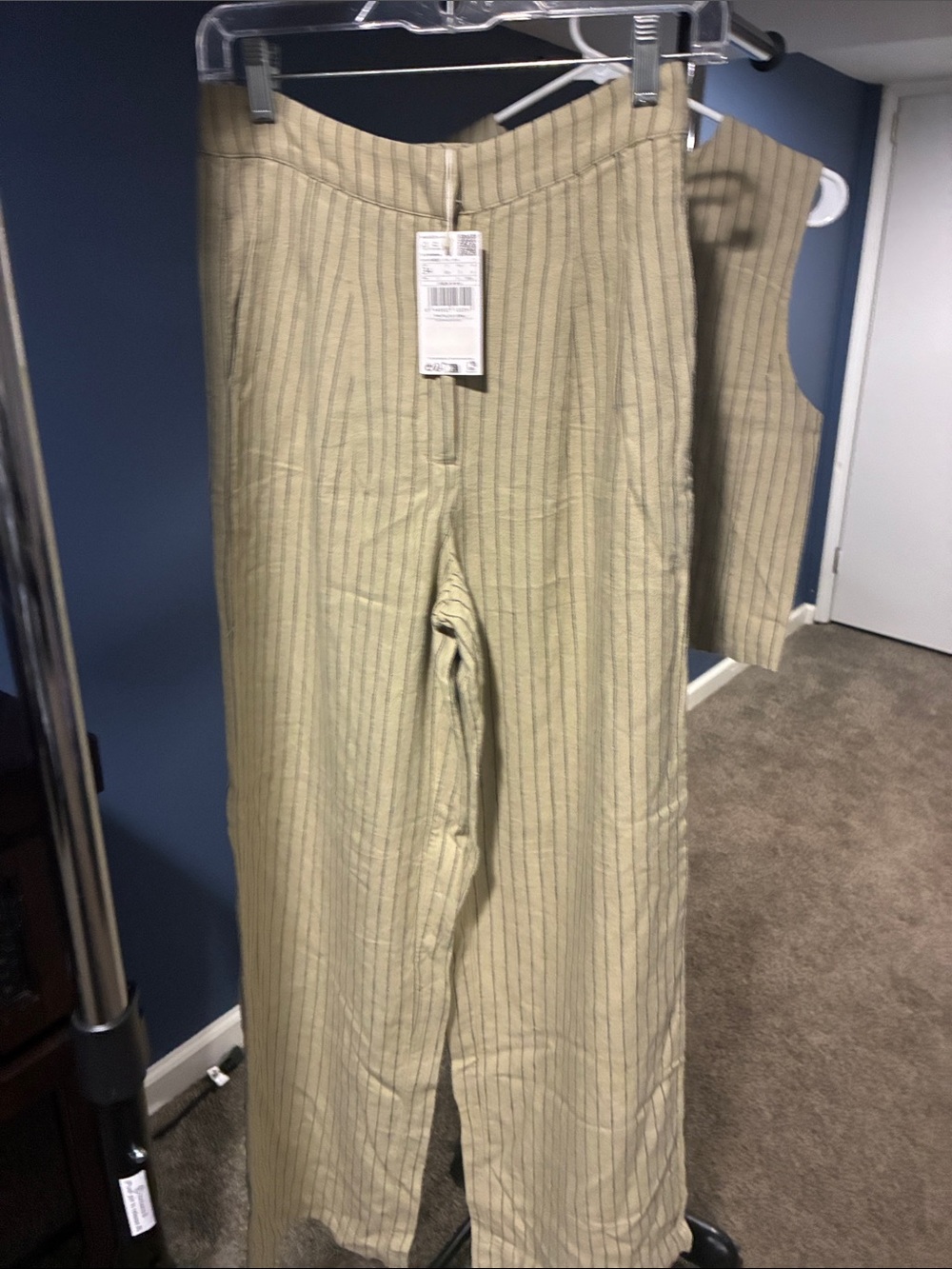 High-Rise Wide-Leg Trousers in Beige Pinstripe